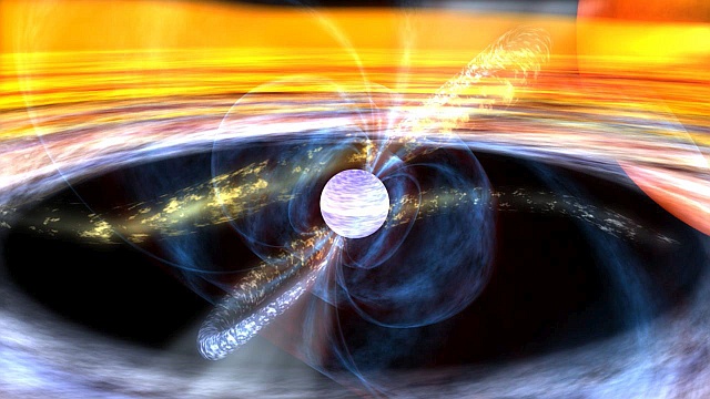 近くの星から物質を引き込むパルサーの想像図