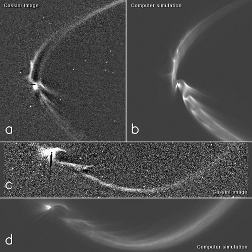 エンケラドス周辺に見られる弦状構造と構造を再現したシミュレーション画像