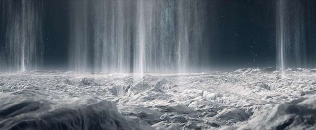 エンケラドスの南極付近から吹き出すプリュームのイメージ