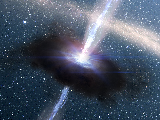 超大質量ブラックホールと、その周囲を取り巻くガスと塵の円盤の想像図