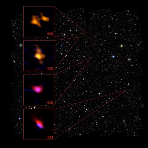 COSMOSサーベイの画像内に示した、アルマ望遠鏡で観測された4つの銀河