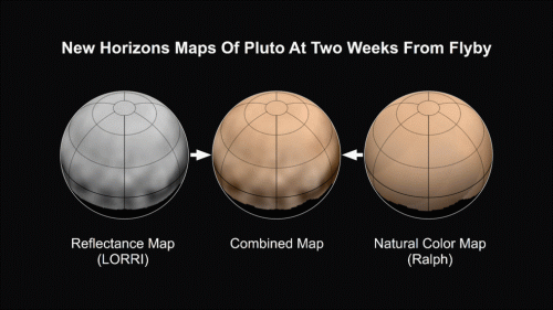 望遠撮像装置「LORRI」による白黒の観測データに可視光・赤外線撮像装置「Ralph」によるカラーデータを合成して作成された冥王星の自転の動画
