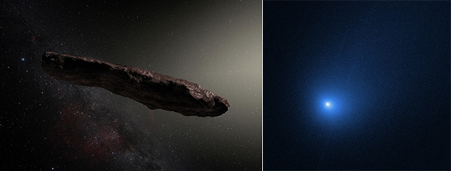 オウムアムアの想像図とボリソフ彗星の画像