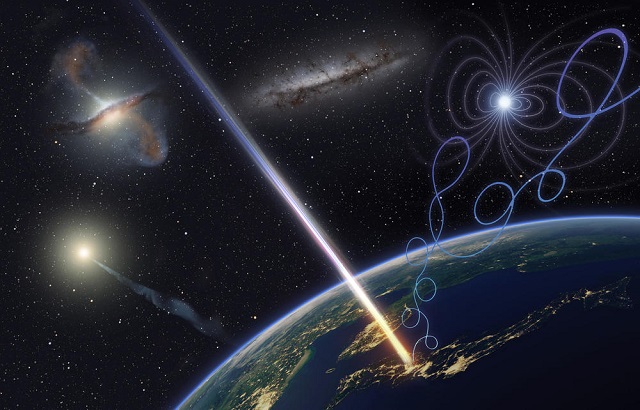 極高エネルギー宇宙線が地球に到来するイメージ