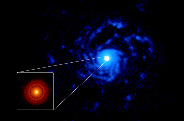 おおかみ座RU星を取り巻く塵の円盤と巨大な渦巻き模様