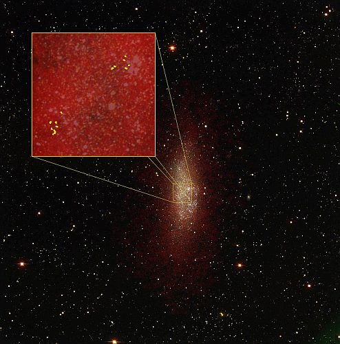 ブランコ4m望遠鏡で撮影されたWLMの可視光画像と、VLA望遠鏡とアルマ望遠鏡がとらえた水素ガス、一酸化炭素分子