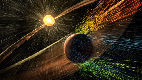 太陽風によって火星の上層大気からイオンがはぎ取られる想像図