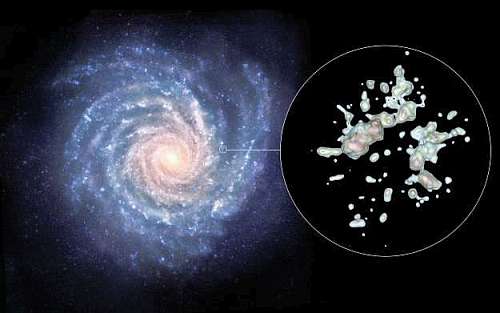（左）天の川銀河の想像図、（右）太陽系近傍のOB型星の分布を示した3次元立体図
