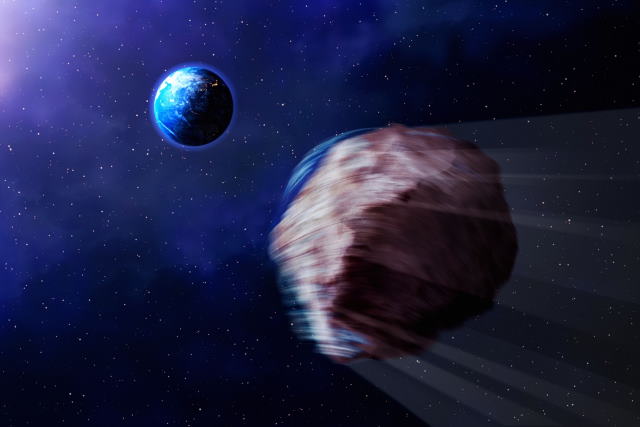 地球近傍を通過する高速自転する小惑星の想像図