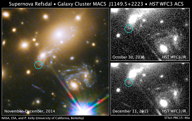 銀河団MACS J1149.5+2223と、2015年12月に出現した5番目の像