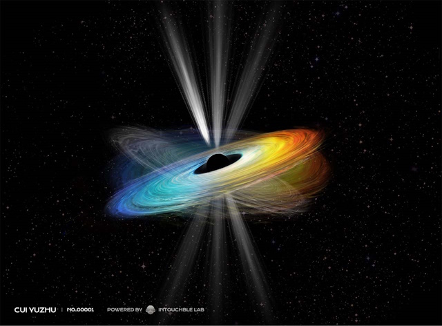 自転する超大質量ブラックホールの周囲の想像図