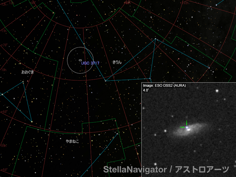 UGC 3717周辺の星図と、DSS画像に表示した超新星