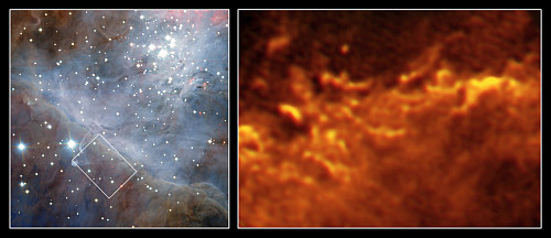 （左）VLTによるオリオン座大星雲、（右）アルマ望遠鏡とIRAM 30m望遠鏡によるオリオン・バーの一部