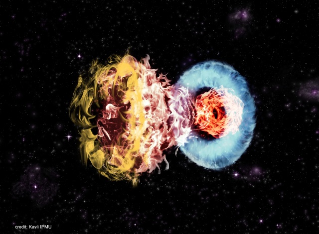 周囲のガスと衝突している超新星の想像図