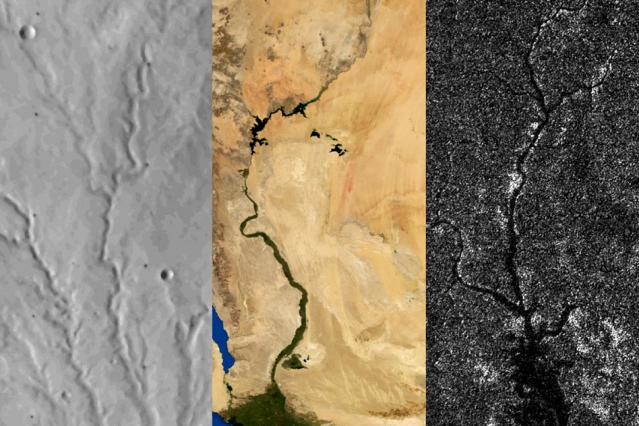 火星、地球、タイタンの河川網