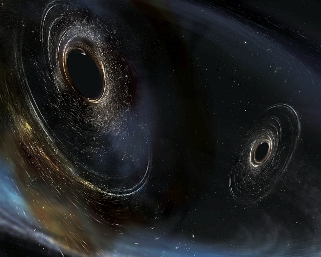 公転に対して傾いて自転する2つのブラックホールの想像図