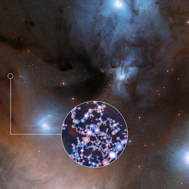 へびつかい座の暗黒星雲の可視光線画像とイソシアン酸メチルの分子構造イラスト