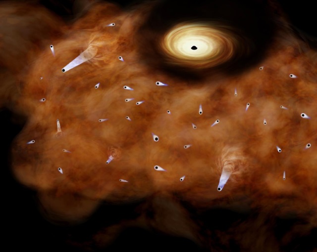 天の川銀河中心部を飛び交う野良ブラックホールの想像図