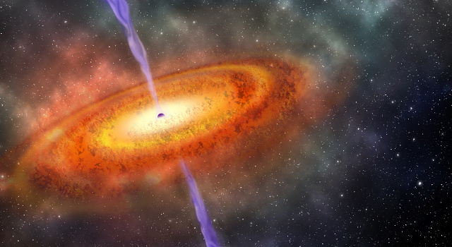 クエーサーの中心部にある超大質量ブラックホールの想像図