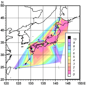 日本海側も晴天に恵まれた1971年1月10日の雲量分布