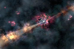 ガンマ線バーストの残光が銀河内のガスを通過するイメージ図