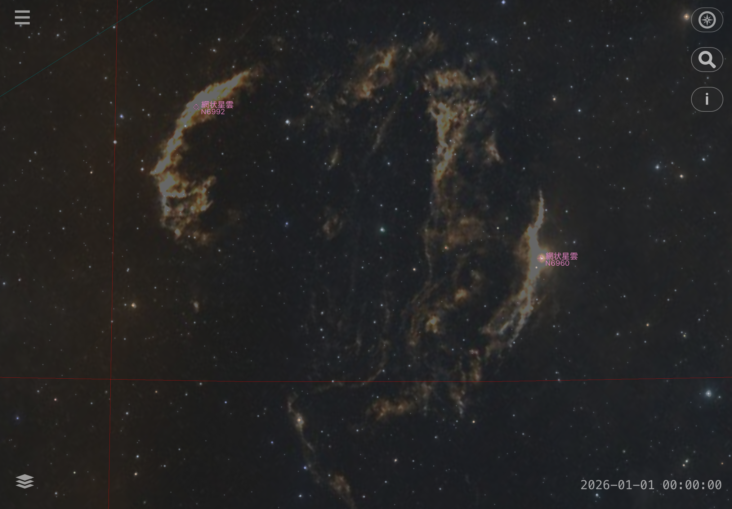 調整後：シャドー・ハイライト調整で網状星雲が鮮やかに浮かび上がった画面
