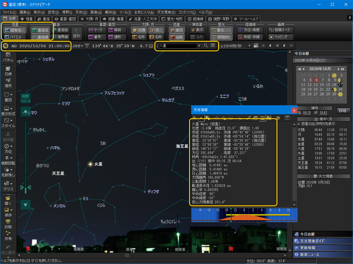 火星の位置や周りの星、星座