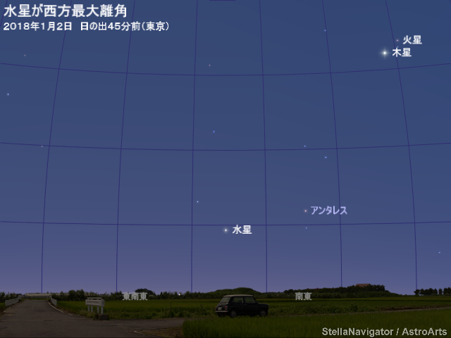 星図（1月2日 水星が西方最大離角）