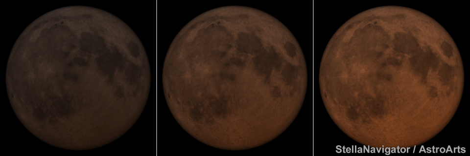 明るさの異なる月食のシミュレーション画像