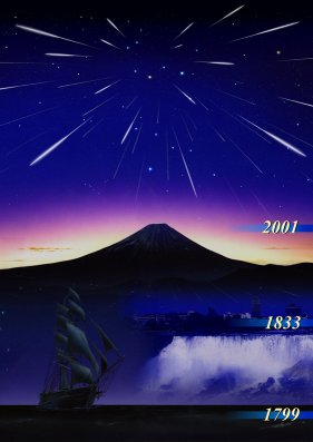 富士山を背景に流れる流星